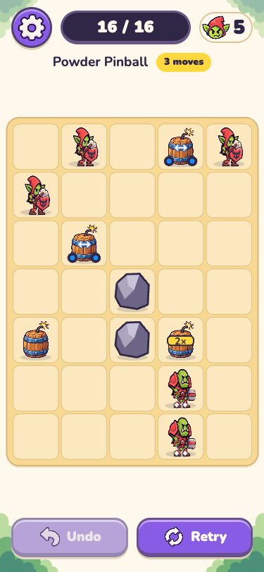 Actual Boom Brigade gameplay: a puzzle board with rocks, gold barrels, wheeled barrels, and armored orcs.