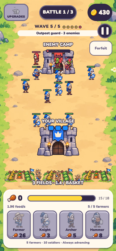 Harvest and Hold gameplay: blue knights and archers attack a goblin camp above a growing village and farms.