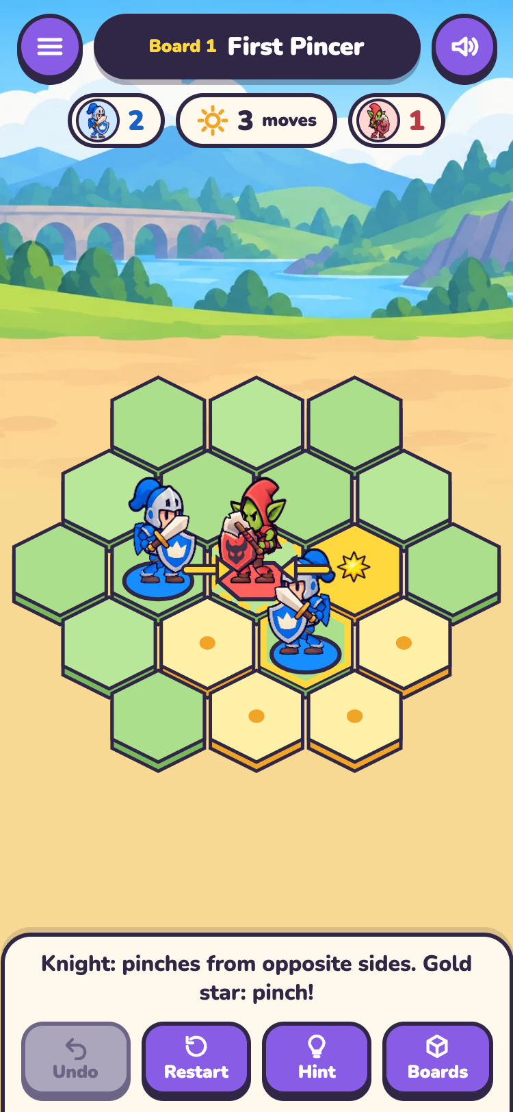 Pincer Patrol gameplay: two blue knights surround a goblin on a hex puzzle board.